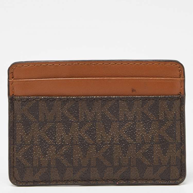Pre Owned Michael Kors Beige/Brown Signature Coated Canvas and Leather Card Case