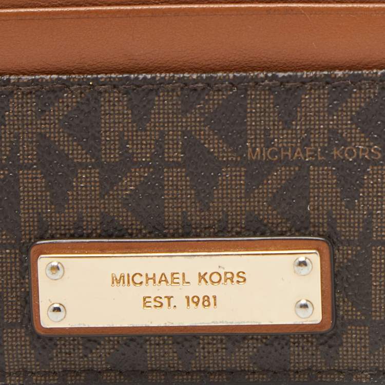 Pre Owned Michael Kors Beige/Brown Signature Coated Canvas and Leather Card Case