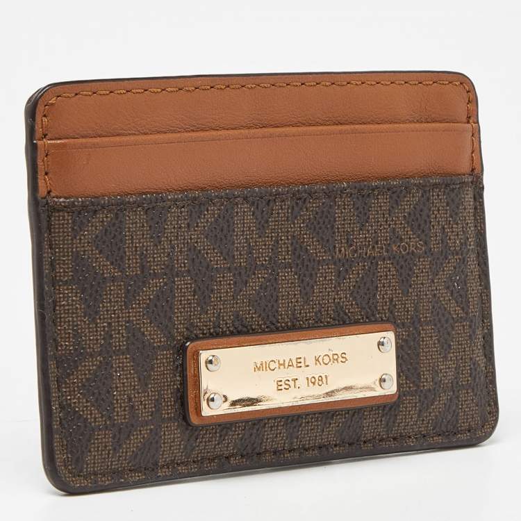 Pre Owned Michael Kors Beige/Brown Signature Coated Canvas and Leather Card Case
