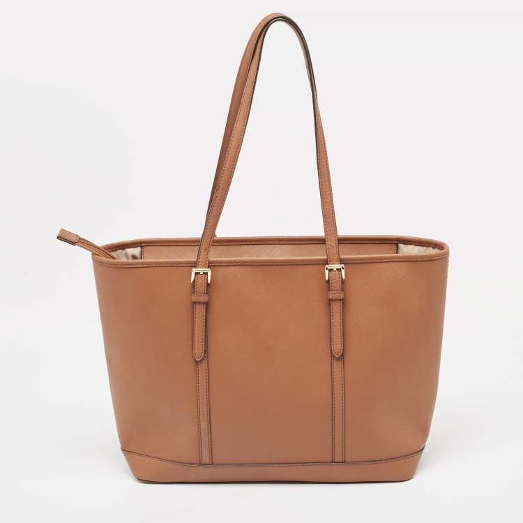 Pre Owned Michael Kors Brown Saffiano Leather Jet Set Travel Tote  