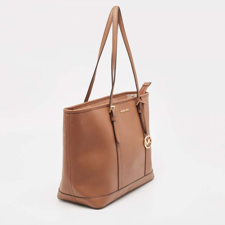 Pre Owned Michael Kors Brown Saffiano Leather Jet Set Travel Tote  