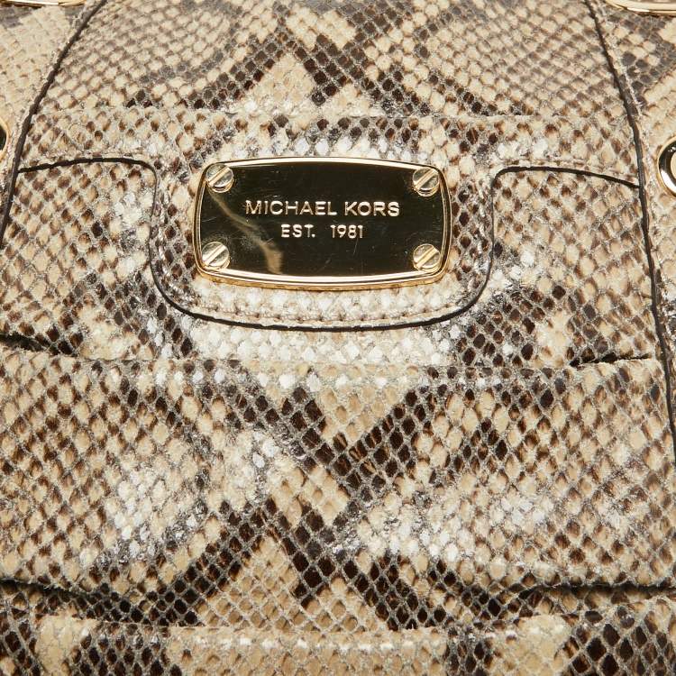 Pre Owned Michael Kors Black/Cream Python Embossed Leather Large Rouched Gansevoort Tote
