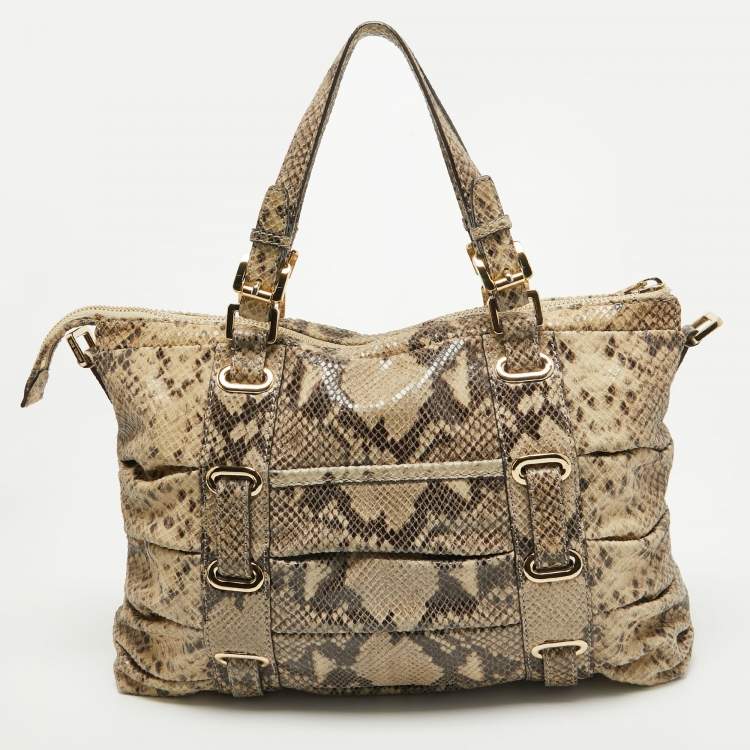 Pre Owned Michael Kors Black/Cream Python Embossed Leather Large Rouched Gansevoort Tote