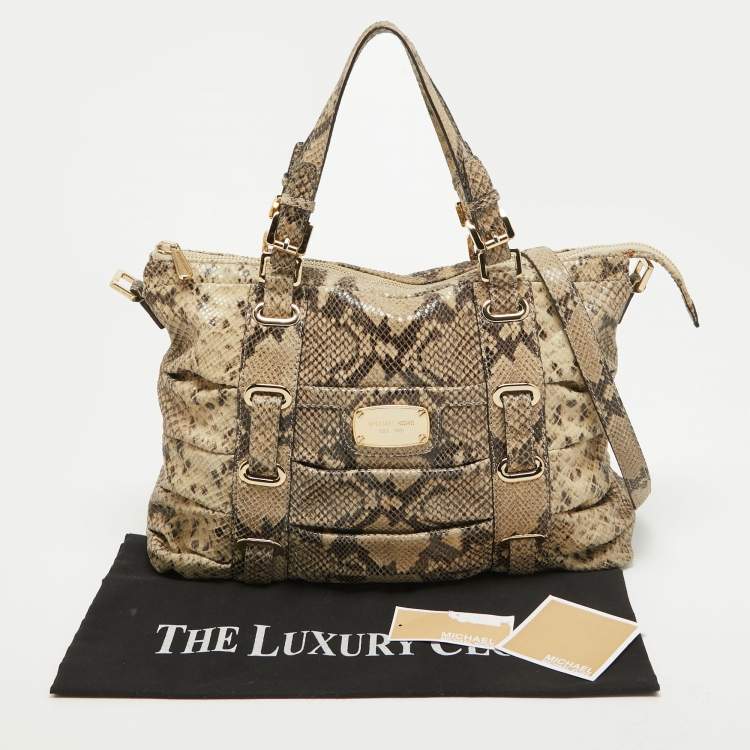 Pre Owned Michael Kors Black/Cream Python Embossed Leather Large Rouched Gansevoort Tote