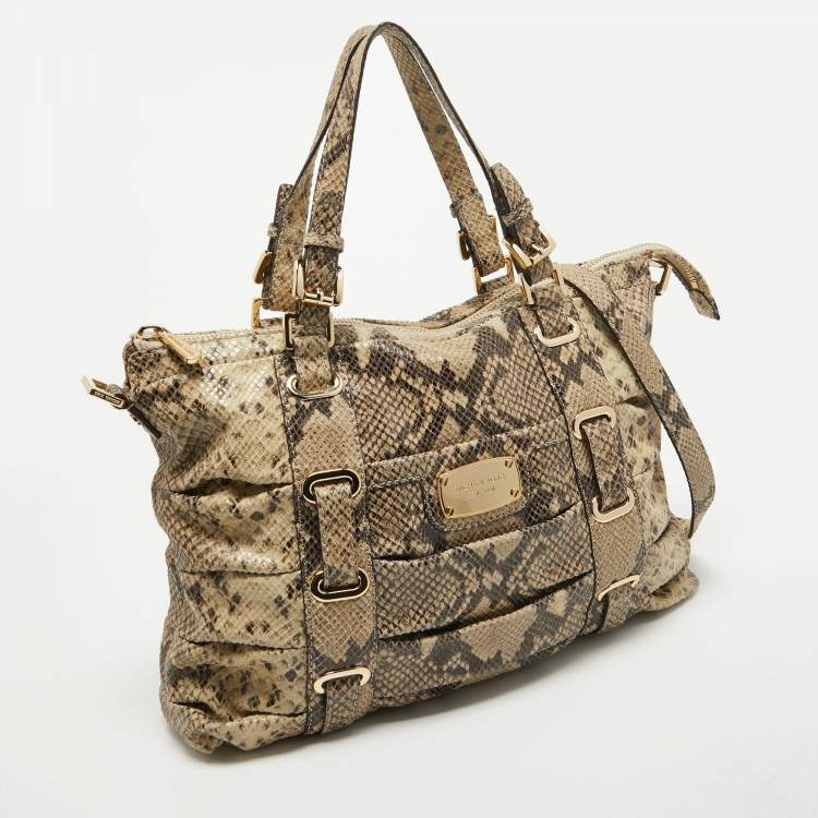 Pre Owned Michael Kors Black/Cream Python Embossed Leather Large Rouched Gansevoort Tote