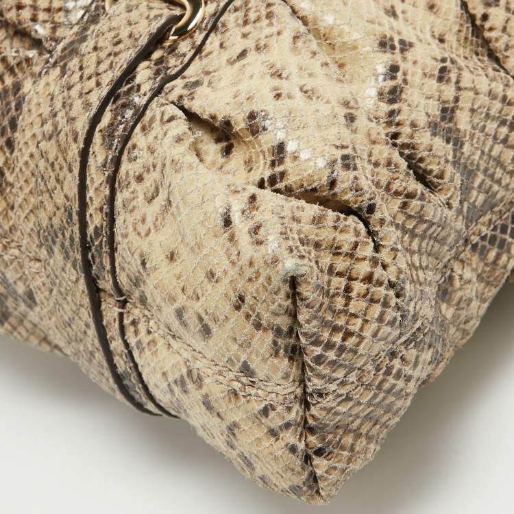 Pre Owned Michael Kors Black/Cream Python Embossed Leather Large Rouched Gansevoort Tote