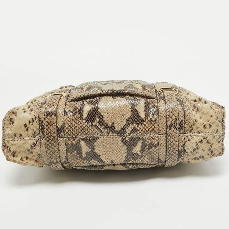 Pre Owned Michael Kors Black/Cream Python Embossed Leather Large Rouched Gansevoort Tote