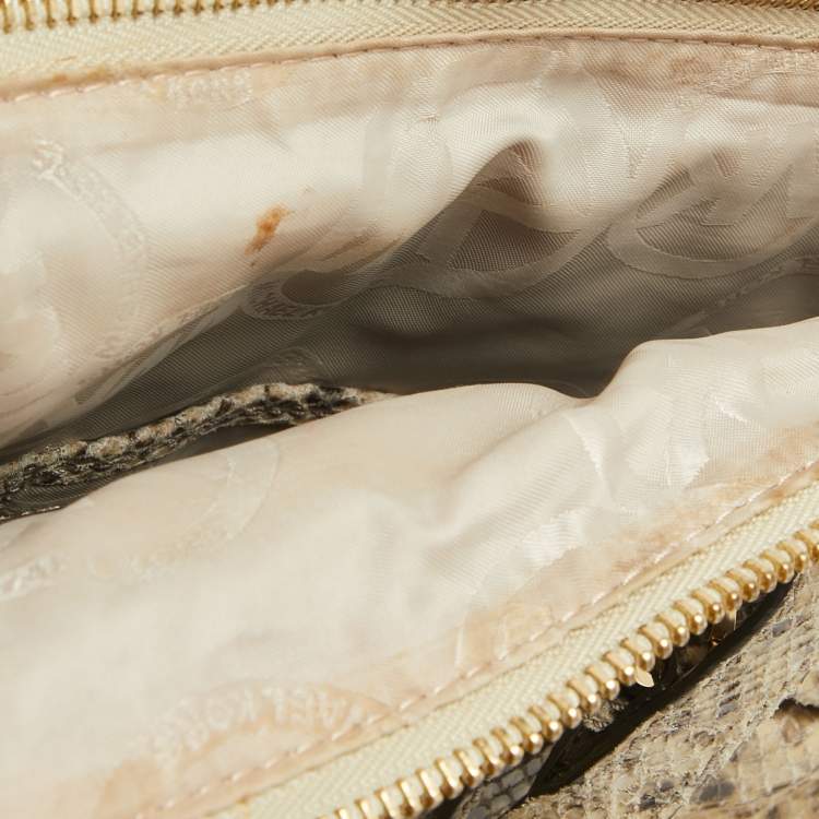 Pre Owned Michael Kors Black/Cream Python Embossed Leather Large Rouched Gansevoort Tote
