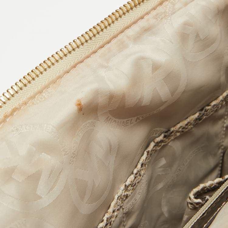 Pre Owned Michael Kors Black/Cream Python Embossed Leather Large Rouched Gansevoort Tote