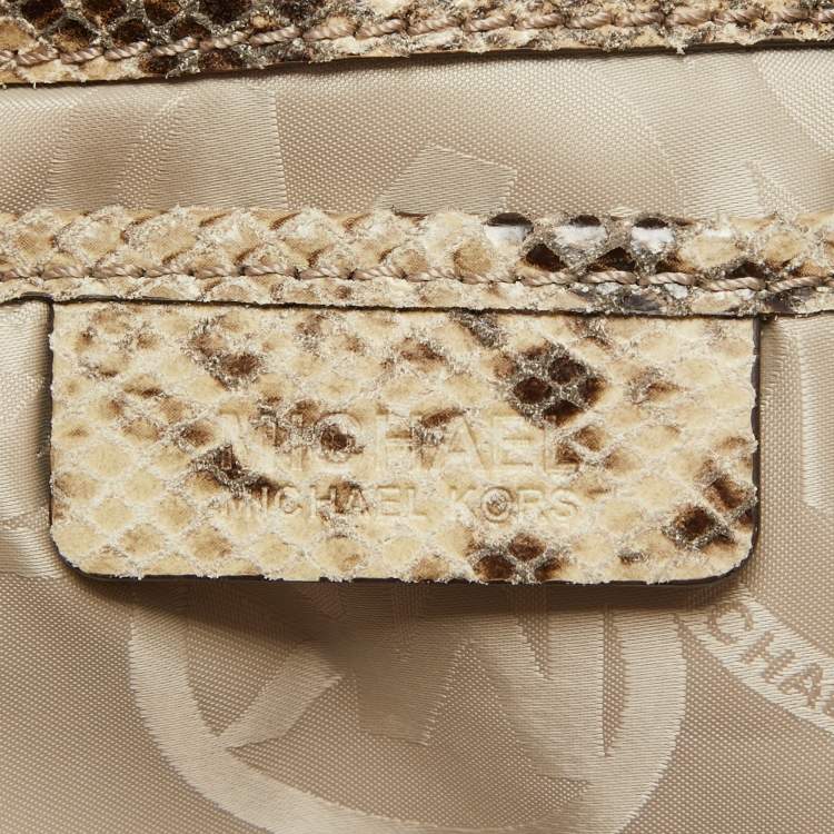 Pre Owned Michael Kors Black/Cream Python Embossed Leather Large Rouched Gansevoort Tote