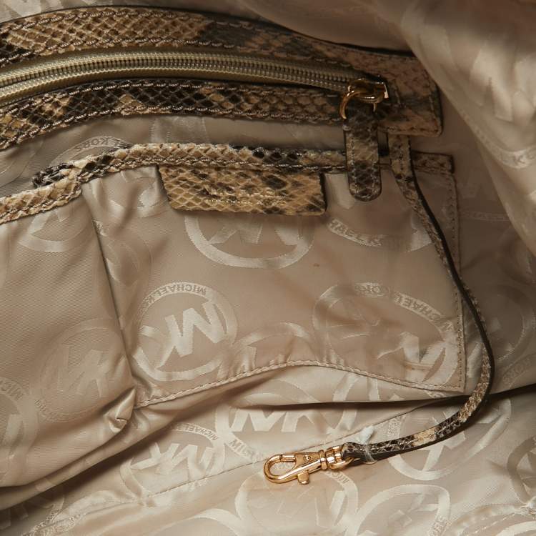 Pre Owned Michael Kors Black/Cream Python Embossed Leather Large Rouched Gansevoort Tote