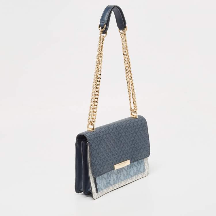 Pre Owned Michael Kors Blue/White Signature Coated Canvas and Leather Jade Shoulder Bag
