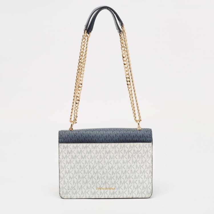 Pre Owned Michael Kors Blue/White Signature Coated Canvas and Leather Jade Shoulder Bag