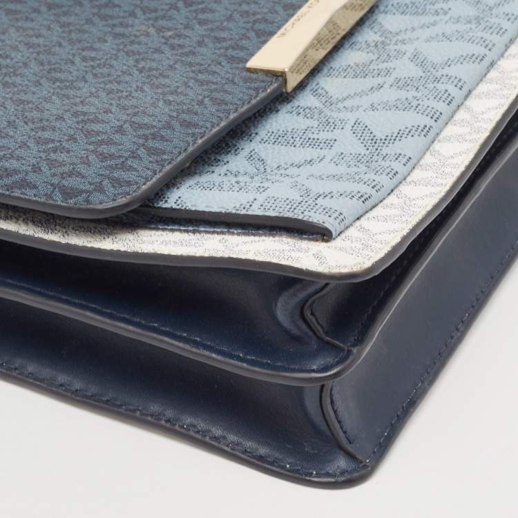 Pre Owned Michael Kors Blue/White Signature Coated Canvas and Leather Jade Shoulder Bag