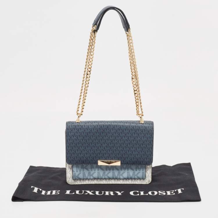 Pre Owned Michael Kors Blue/White Signature Coated Canvas and Leather Jade Shoulder Bag