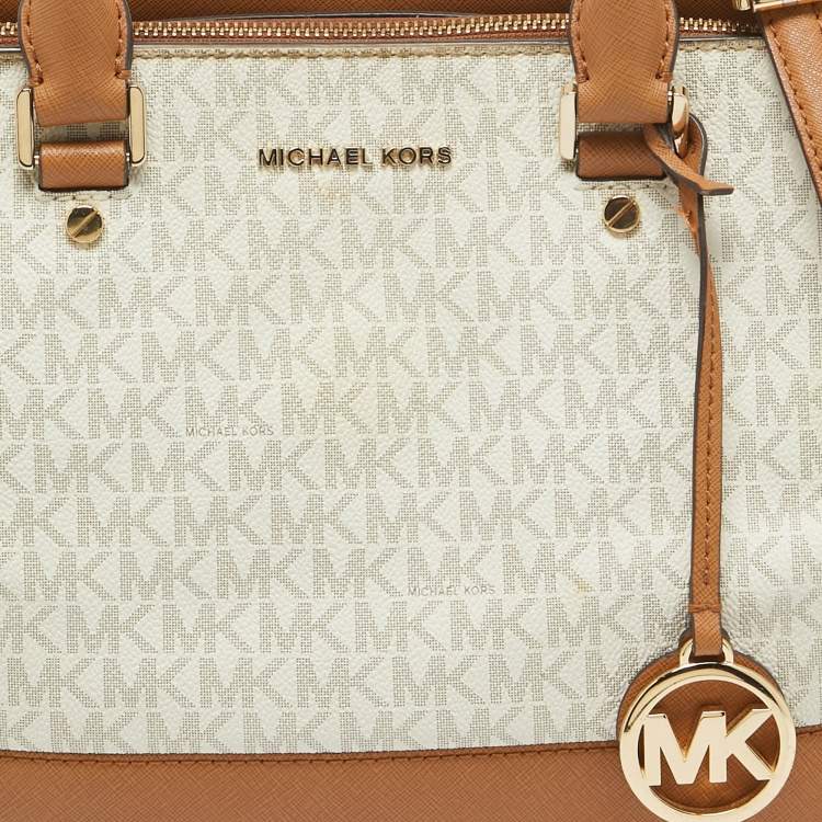 Pre Owned Michael Kors Brown/White Signature Coated Canvas and Leather Savannah Satchel