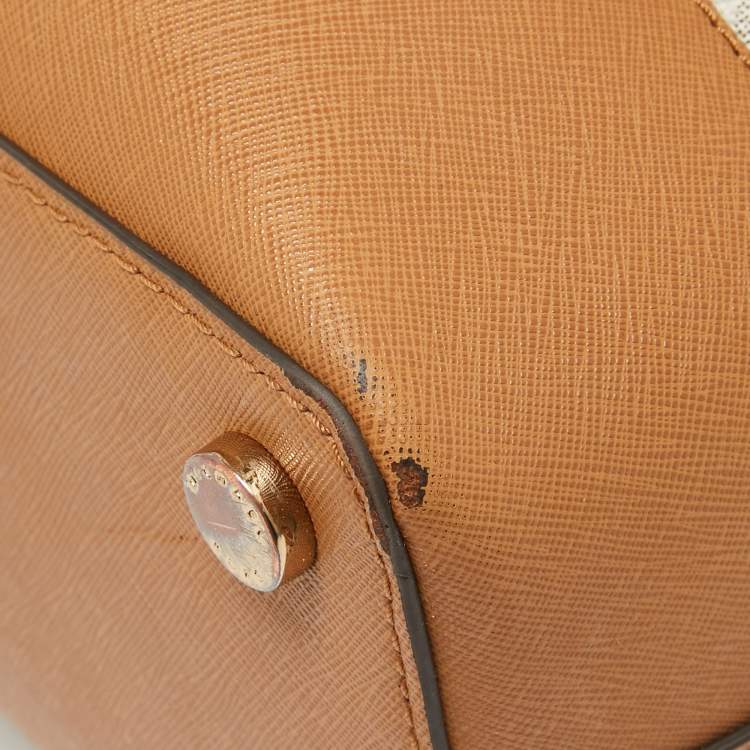 Pre Owned Michael Kors Brown/White Signature Coated Canvas and Leather Savannah Satchel