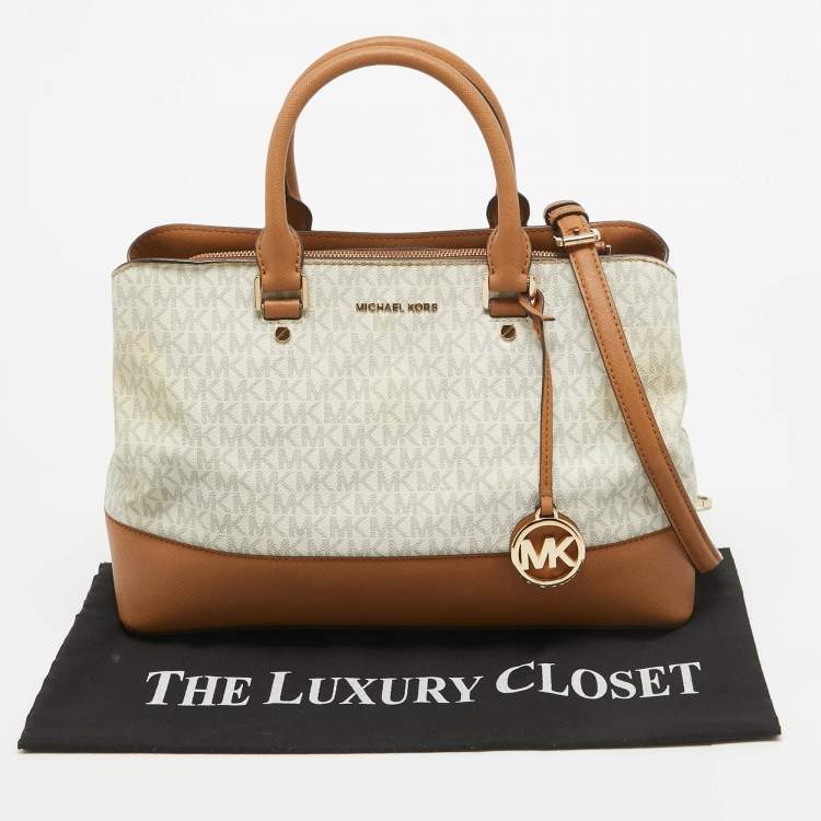 Pre Owned Michael Kors Brown/White Signature Coated Canvas and Leather Savannah Satchel