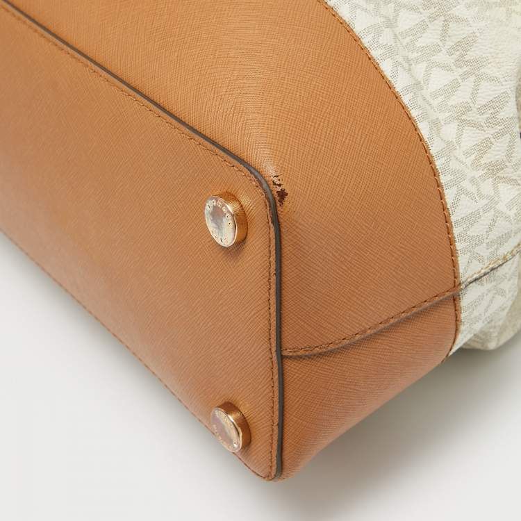 Pre Owned Michael Kors Brown/White Signature Coated Canvas and Leather Savannah Satchel