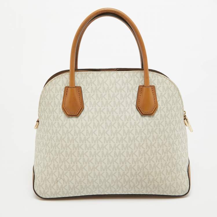 Pre Owned Michael Kors Brown/White Signature Coated Canvas Veronica Dome Satchel