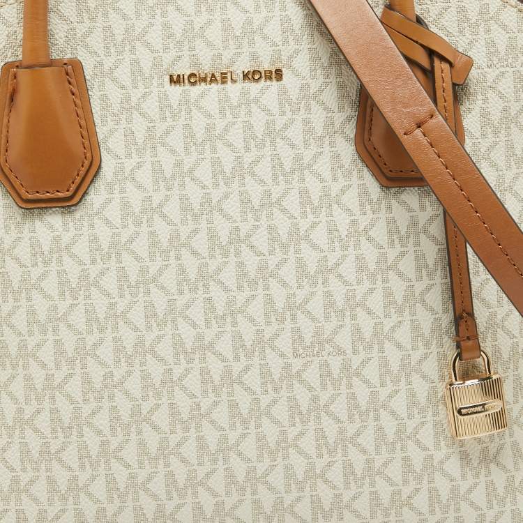 Pre Owned Michael Kors Brown/White Signature Coated Canvas Veronica Dome Satchel