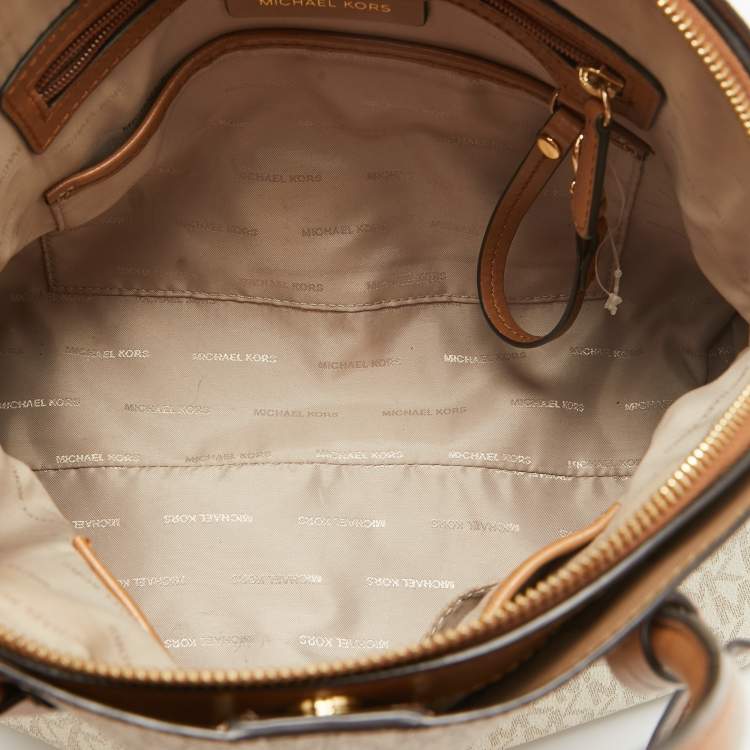 Pre Owned Michael Kors Brown/White Signature Coated Canvas Veronica Dome Satchel