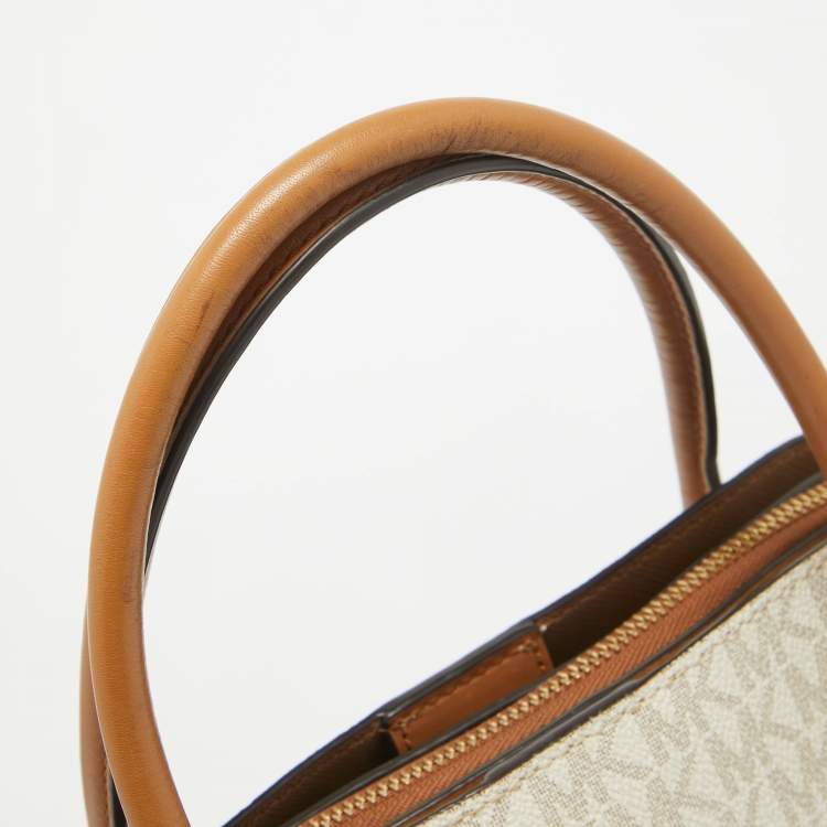 Pre Owned Michael Kors Brown/White Signature Coated Canvas Veronica Dome Satchel