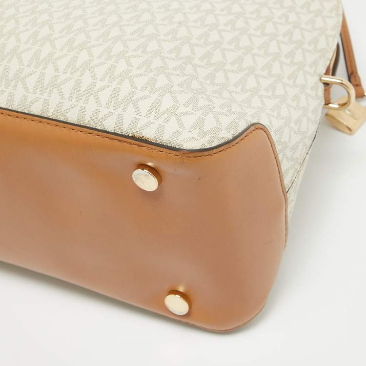 Pre Owned Michael Kors Brown/White Signature Coated Canvas Veronica Dome Satchel