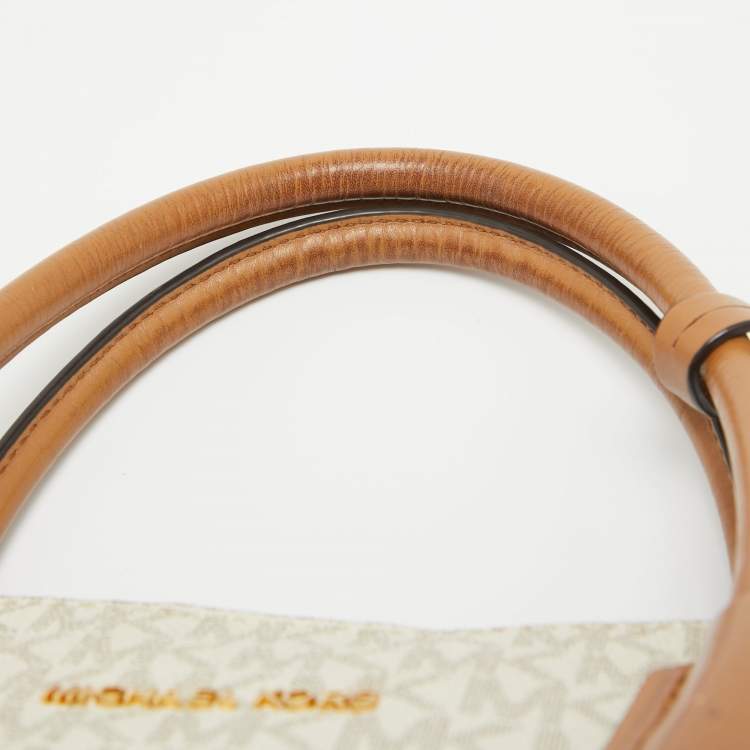 Pre Owned Michael Kors Brown/White Signature Coated Canvas Veronica Dome Satchel