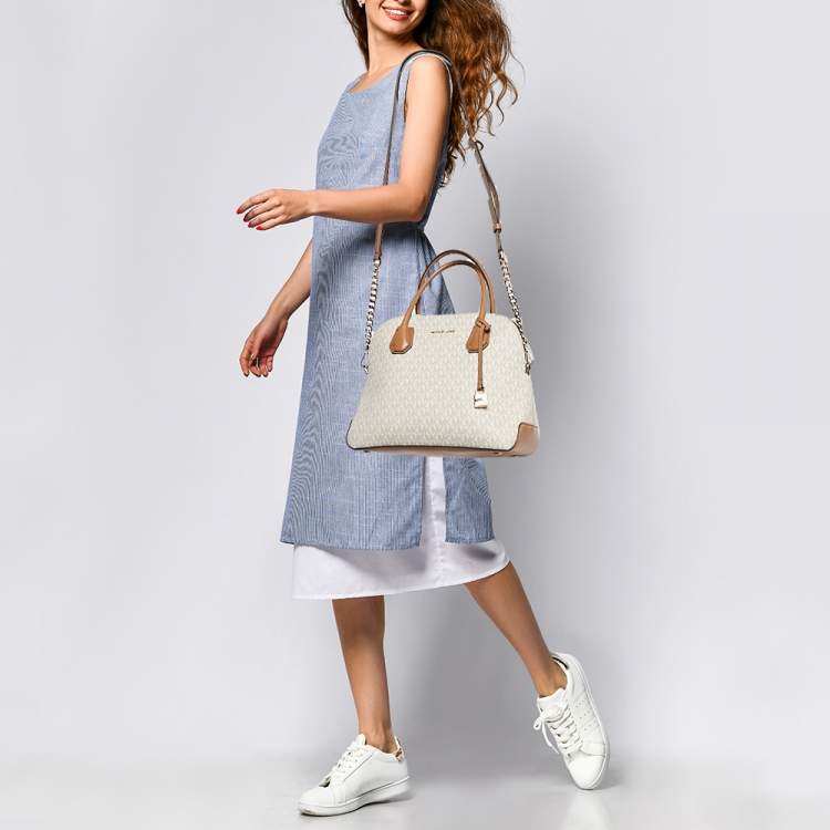 Pre Owned Michael Kors Brown/White Signature Coated Canvas Veronica Dome Satchel