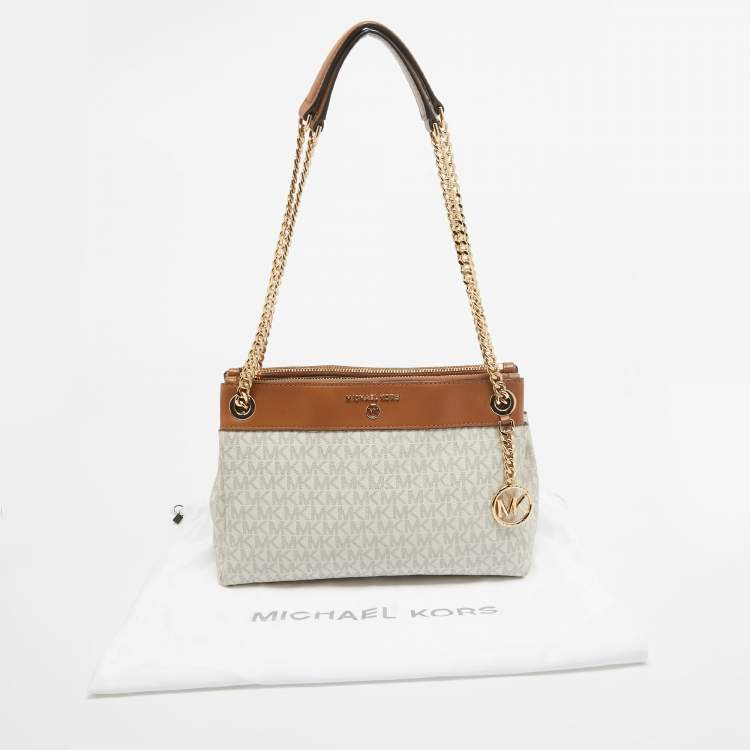 Pre Owned Michael Kors White/Brown Signature Coated Canvas and Leather Small Susan Tote