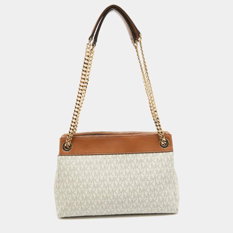 Pre Owned Michael Kors White/Brown Signature Coated Canvas and Leather Small Susan Tote