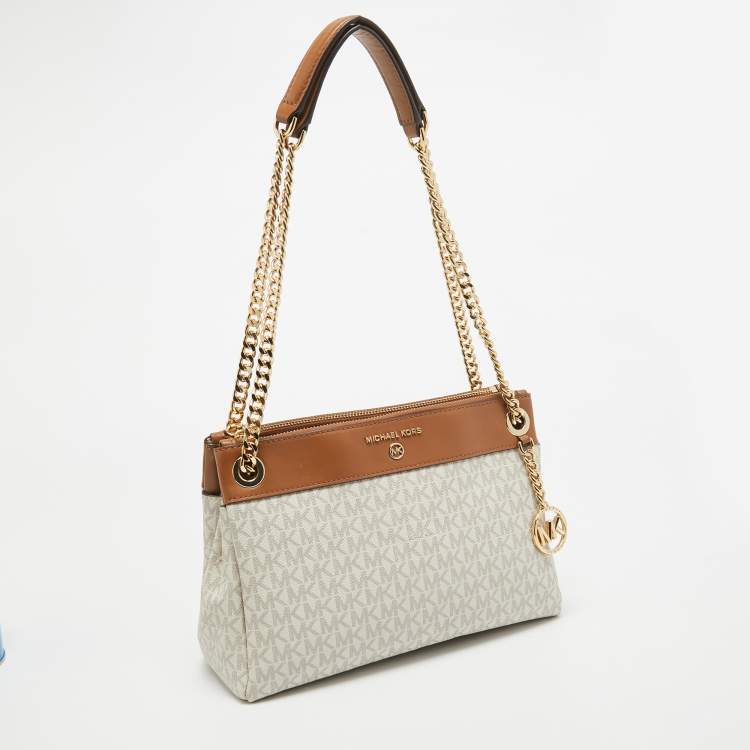 Pre Owned Michael Kors White/Brown Signature Coated Canvas and Leather Small Susan Tote