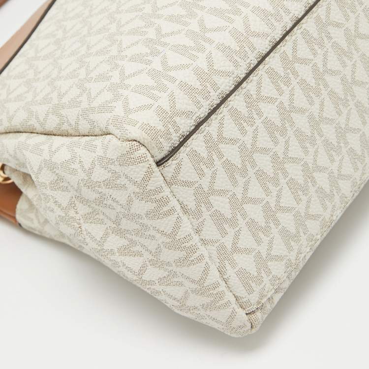 Pre Owned Michael Kors White/Brown Signature Coated Canvas and Leather Small Susan Tote