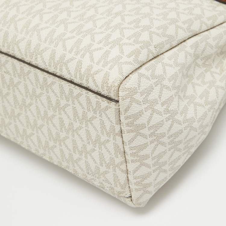 Pre Owned Michael Kors White/Brown Signature Coated Canvas and Leather Small Susan Tote