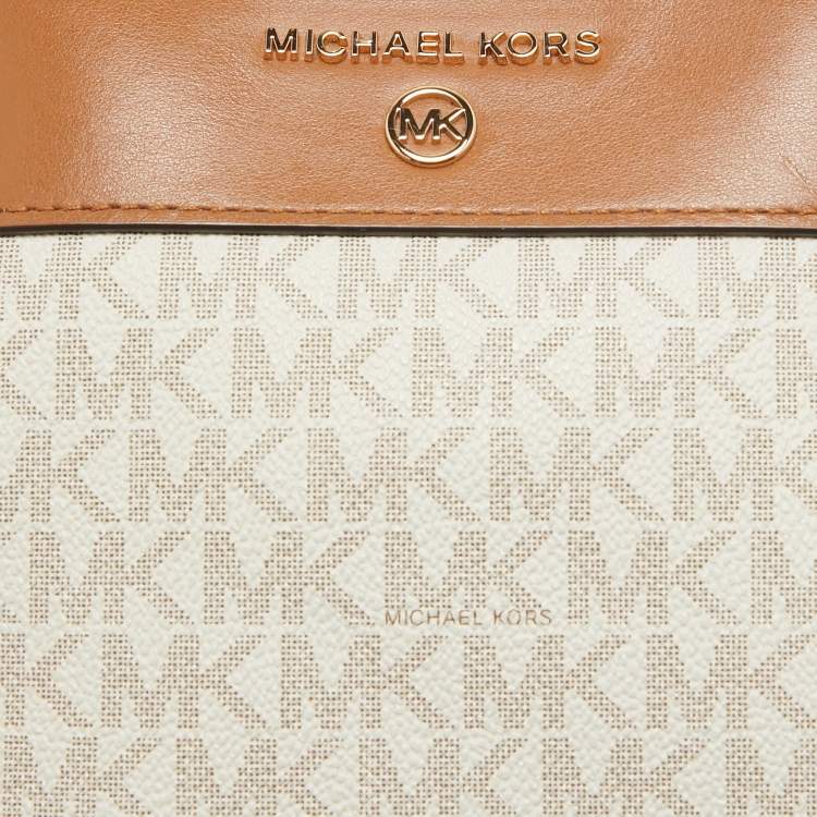Pre Owned Michael Kors White/Brown Signature Coated Canvas and Leather Small Susan Tote