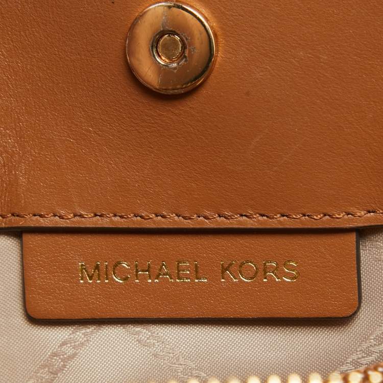Pre Owned Michael Kors White/Brown Signature Coated Canvas and Leather Small Susan Tote