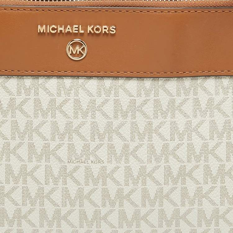 Pre Owned Michael Kors White/Brown Signature Coated Canvas and Leather Small Susan Tote