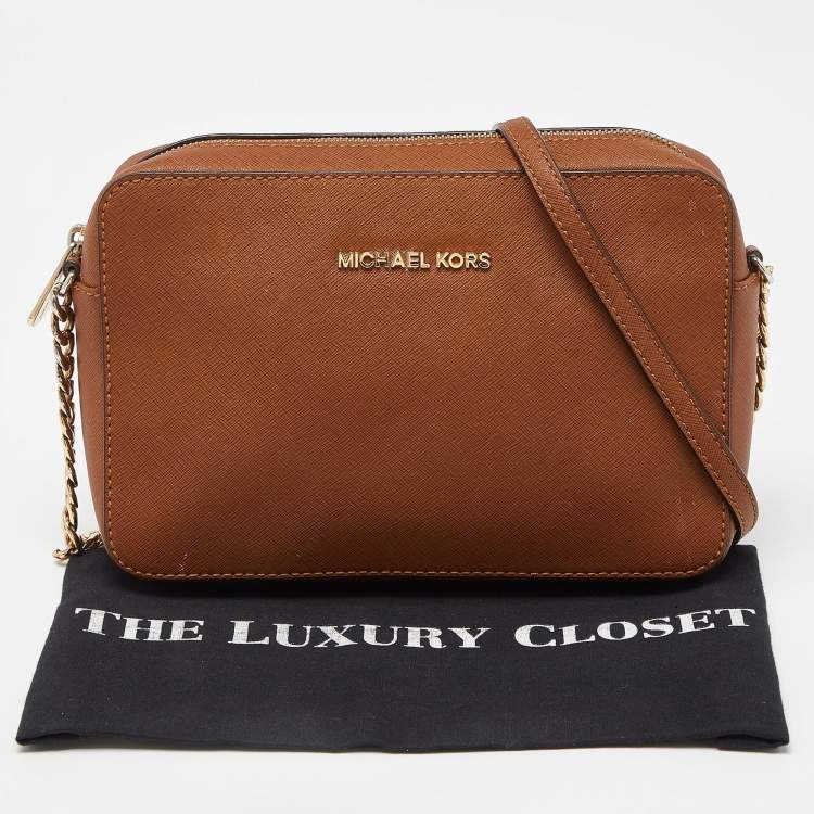 Pre Owned Michael Kors Brown Leather Large East West Jet Set Crossbody Bag