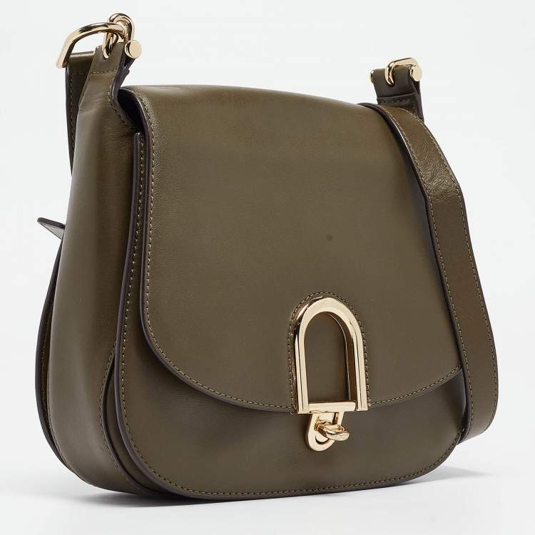 Pre Owned Michael Kors Olive Green Leather Delfina Saddle Bag