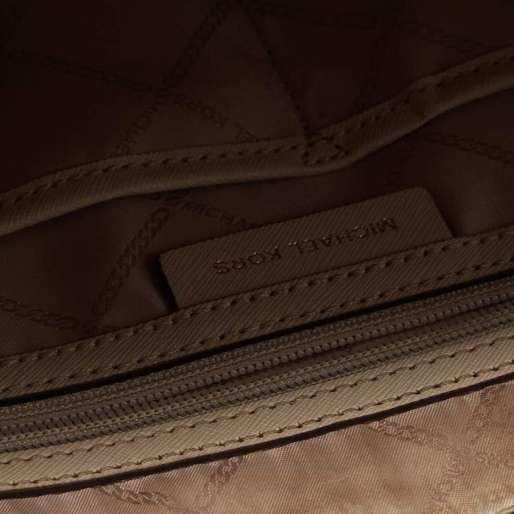 Pre Owned Michael Kors Light Beige Leather Medium Top Zip Jet Set Tote