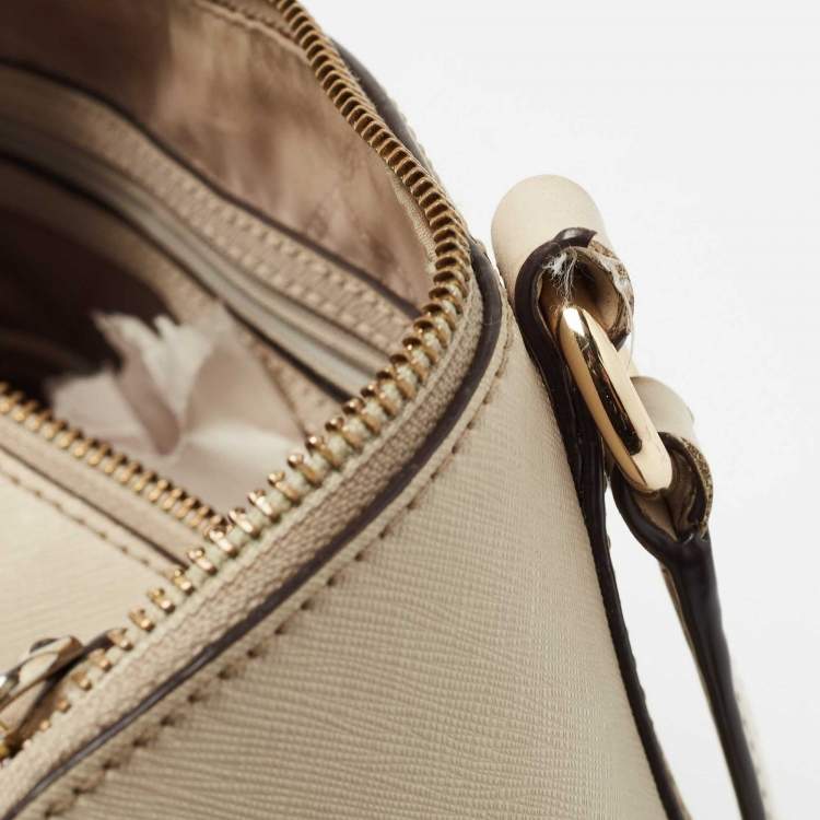 Pre Owned Michael Kors Light Beige Leather Medium Top Zip Jet Set Tote