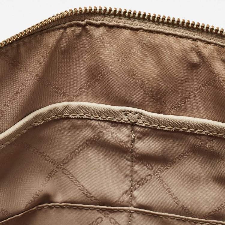 Pre Owned Michael Kors Light Beige Leather Medium Top Zip Jet Set Tote