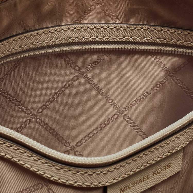 Pre Owned Michael Kors Light Beige Leather Medium Top Zip Jet Set Tote
