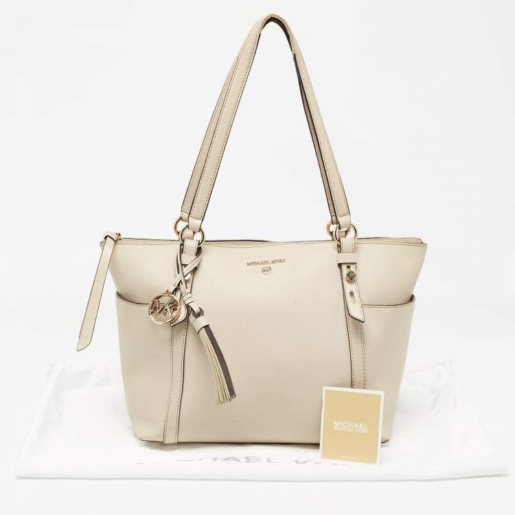 Pre Owned Michael Kors Light Beige Leather Medium Top Zip Jet Set Tote