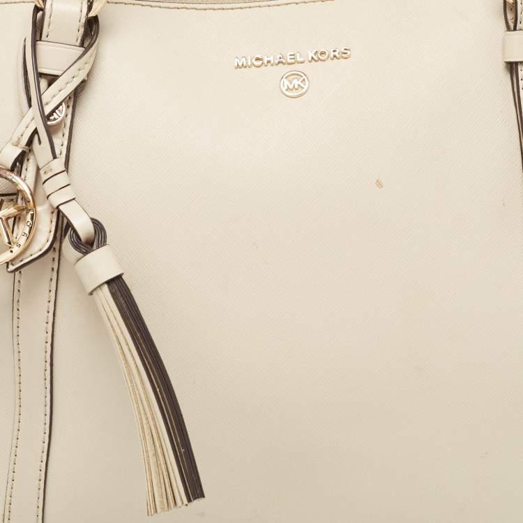 Pre Owned Michael Kors Light Beige Leather Medium Top Zip Jet Set Tote