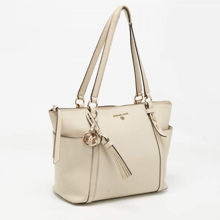 Pre Owned Michael Kors Light Beige Leather Medium Top Zip Jet Set Tote
