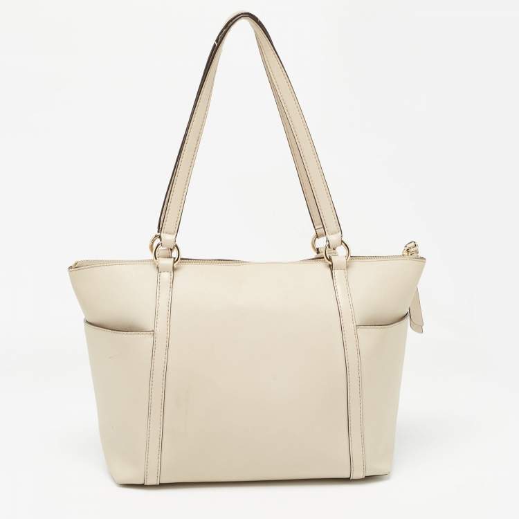 Pre Owned Michael Kors Light Beige Leather Medium Top Zip Jet Set Tote
