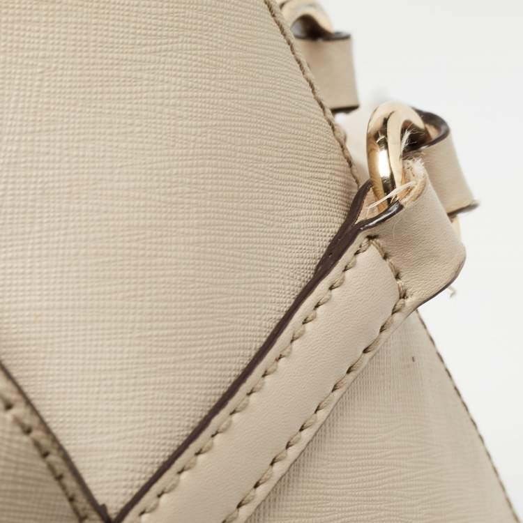 Pre Owned Michael Kors Light Beige Leather Medium Top Zip Jet Set Tote