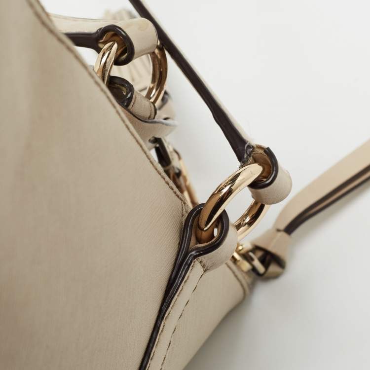 Pre Owned Michael Kors Light Beige Leather Medium Top Zip Jet Set Tote